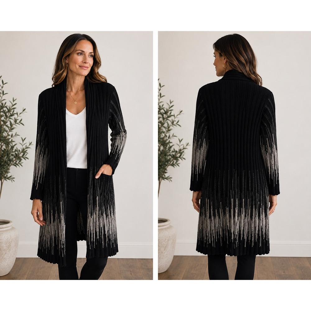 Forte Cashmere Open Front Cardigan Duster Black Gray Ombre Rib Knit Medium